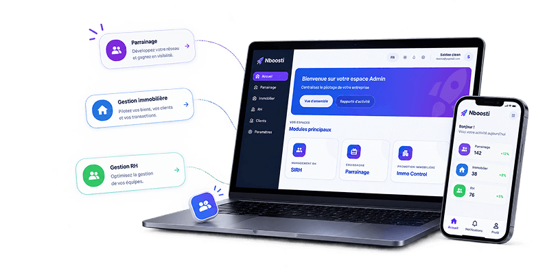 Aperçu de la plateforme Nboosti sur ordinateur et mobile